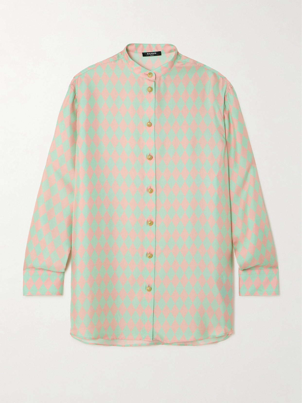 Balmain Oversized Button-embellished Argyle-printed Silk-satin Shirt In Green