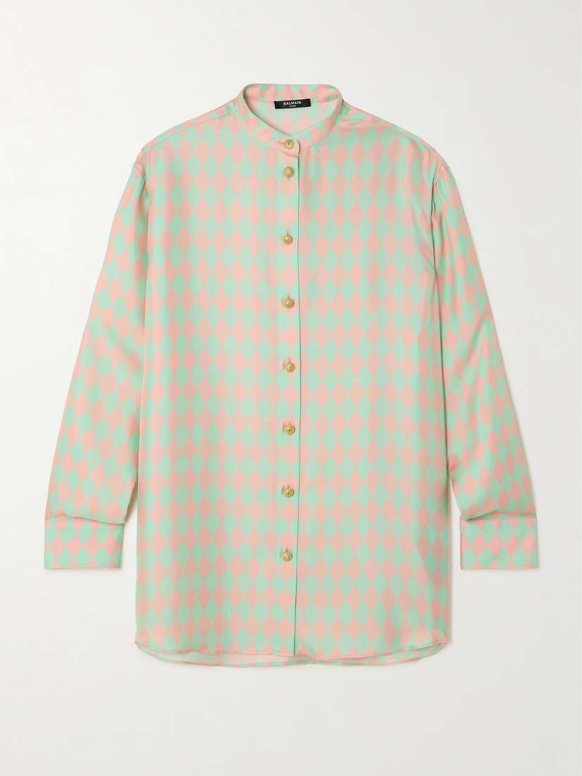 Balmain Oversized Button-embellished Argyle-printed Silk-satin Shirt