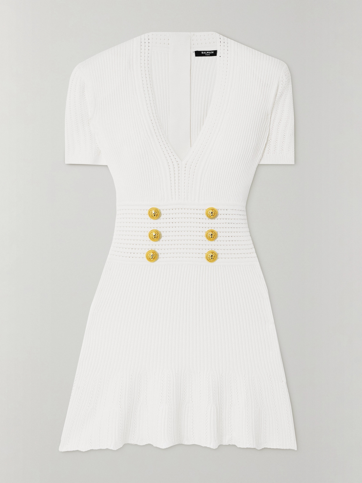 Balmain - Button-embellished Knitted Mini Dress - White