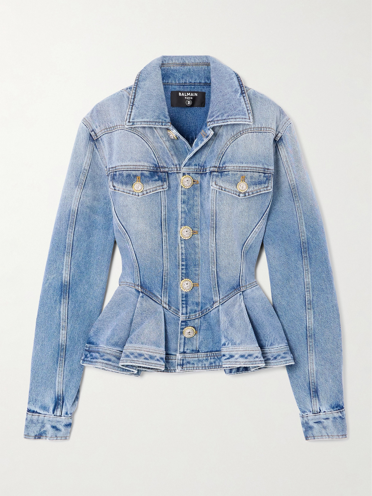 Balmain - Ruffled Denim Peplum Jacket - Blue