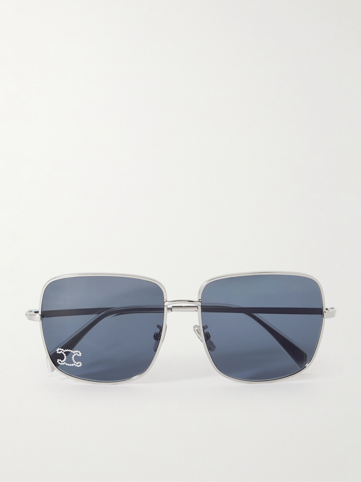 Shop Celine Triomphe Crystal-embellished Square-frame Silver-tone Sunglasses