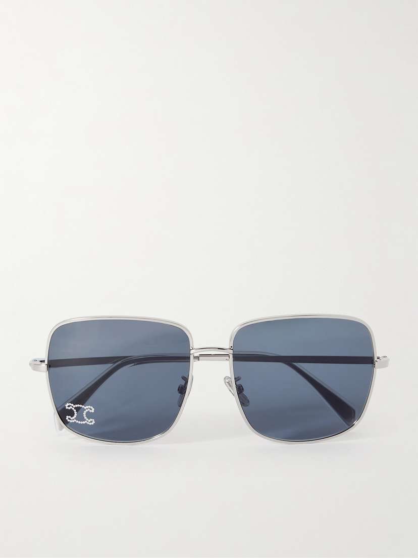 CELINE Eyewear Triomphe Crystal-embellished Square-frame Silver-tone Sunglasses