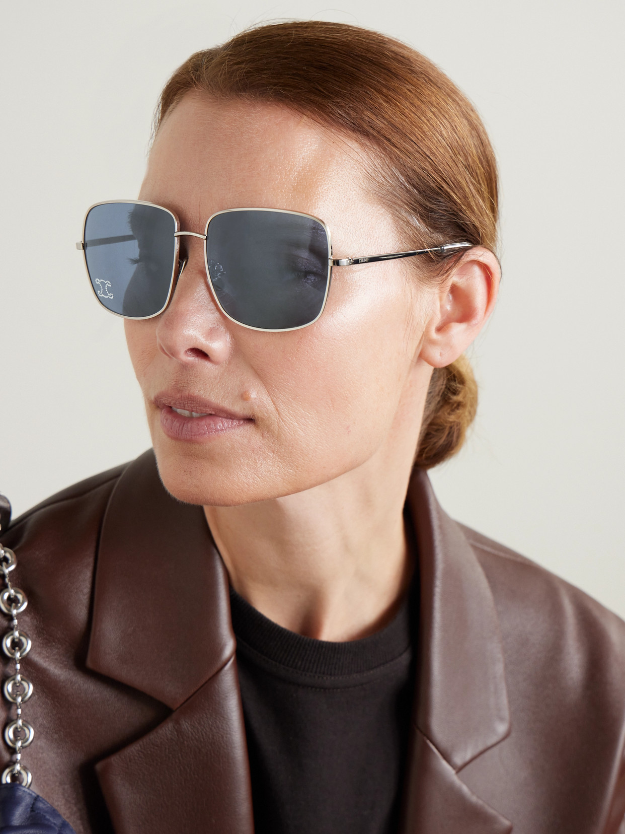 Celine Triomphe Crystal-embellished Square-frame Silver-tone Sunglasses In Silver