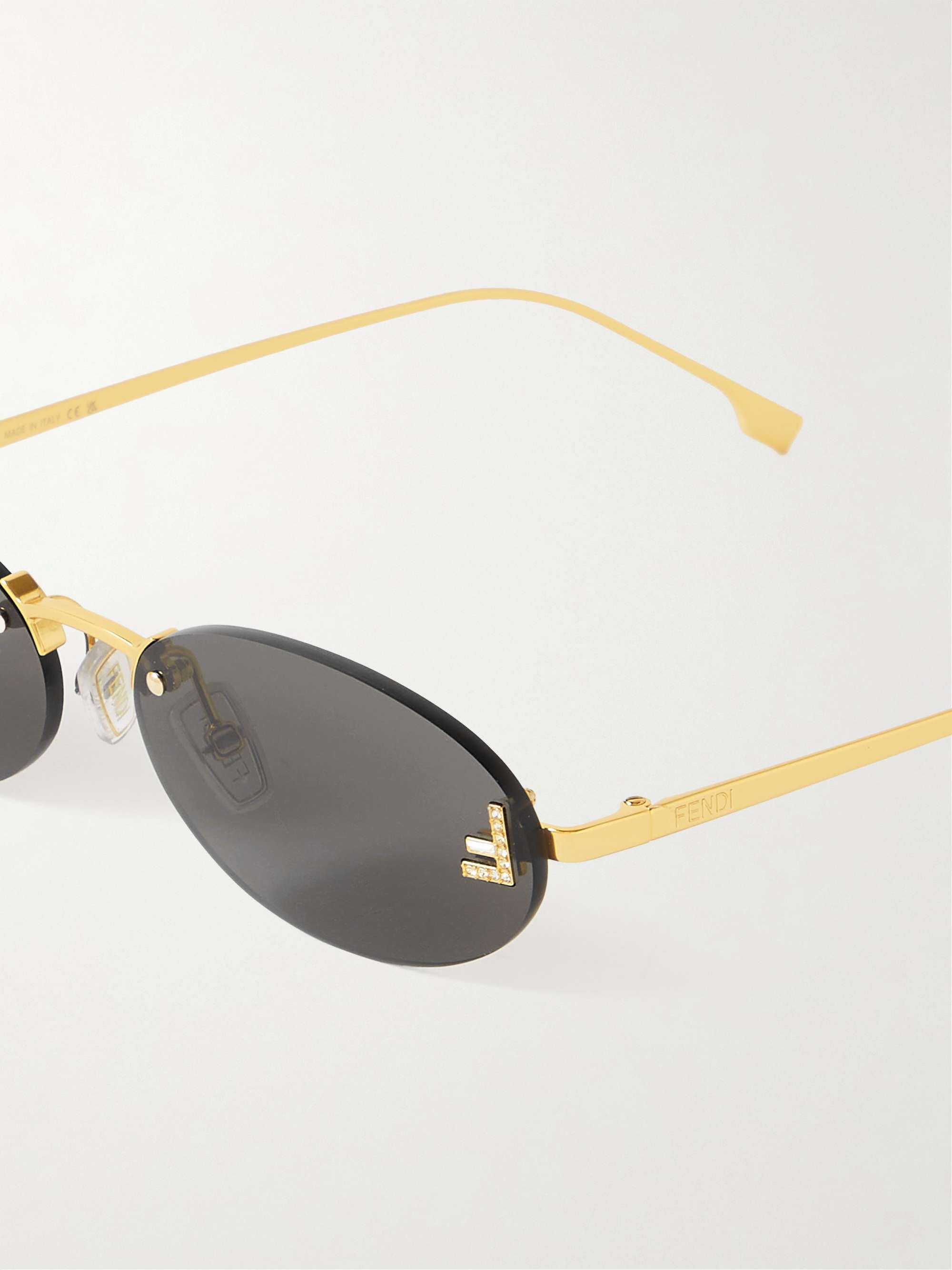 FENDI EYEWEAR Oval-frame crystal-embellished silver-tone sunglasses
