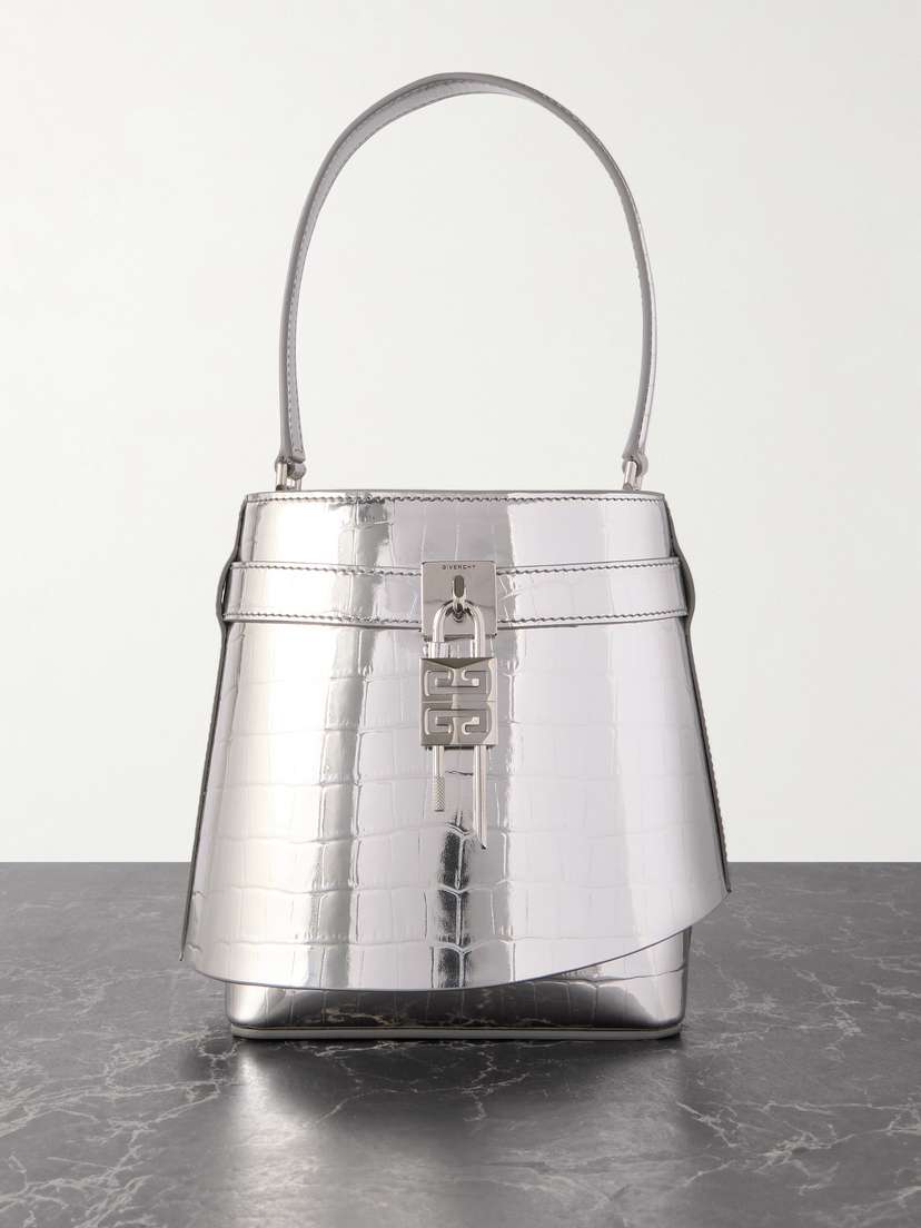 Givenchy Shark Lock Embellished Metallic Croc-effect Leather Bucket Bag