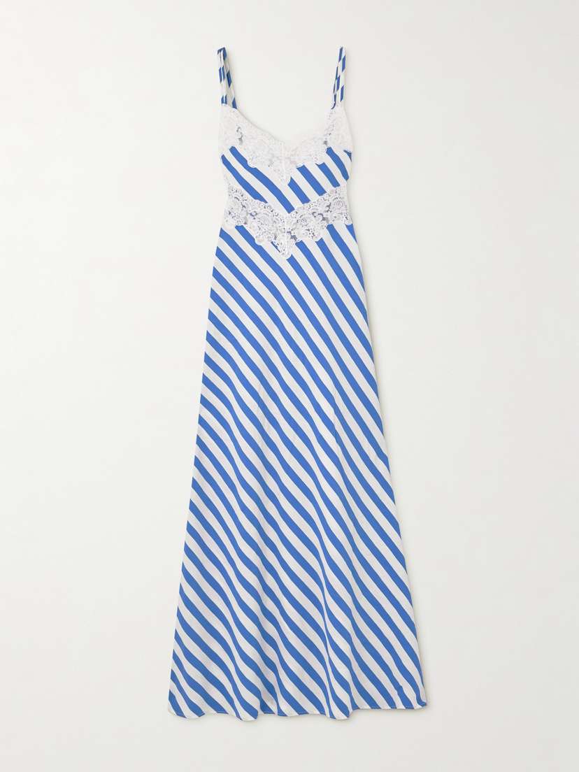 Loretta Caponi Esmeralda Lace-trimmed Striped Metallic Twill Midi Dress