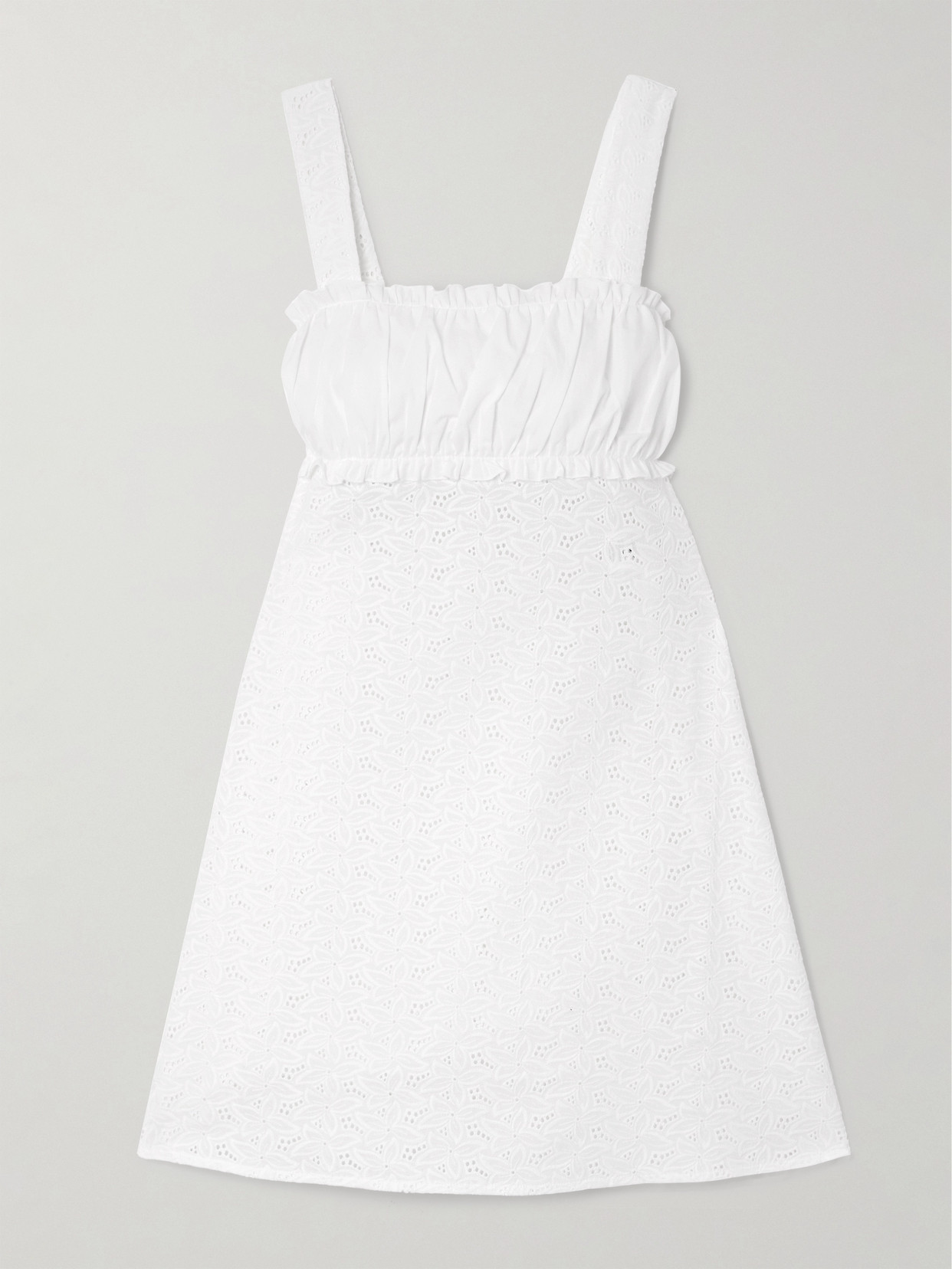 Loretta Caponi Nunzia Ruched Poplin-trimmed And Broderie Anglaise Cotton Mini Dress In White