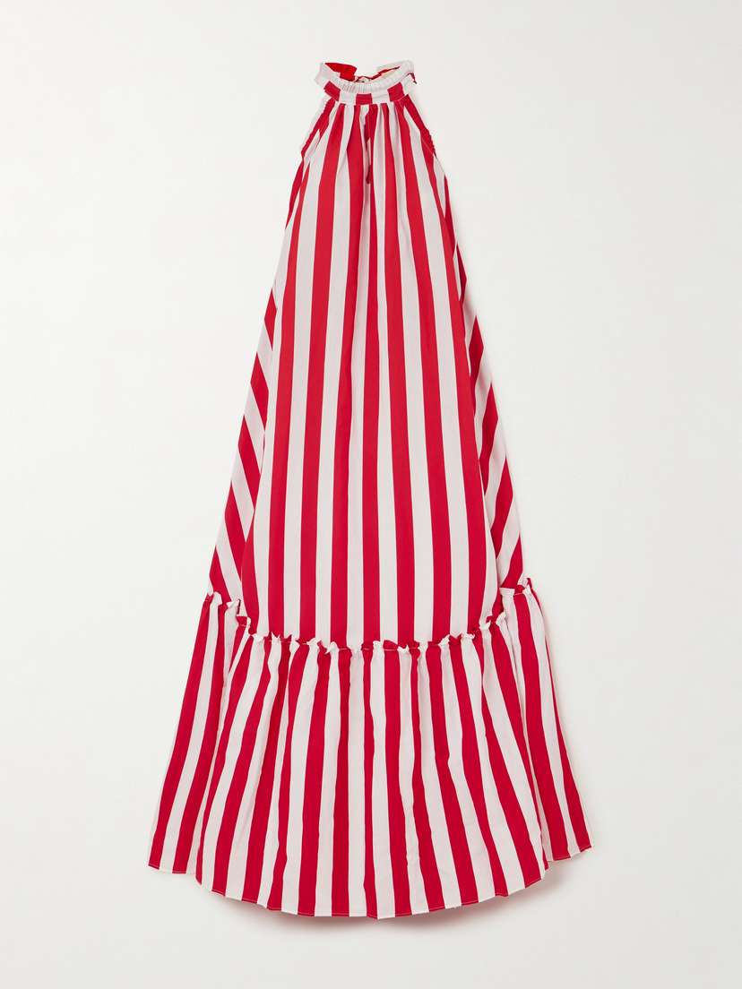 Loretta Caponi Melinda Ruched Tiered Striped Twill Maxi Dress