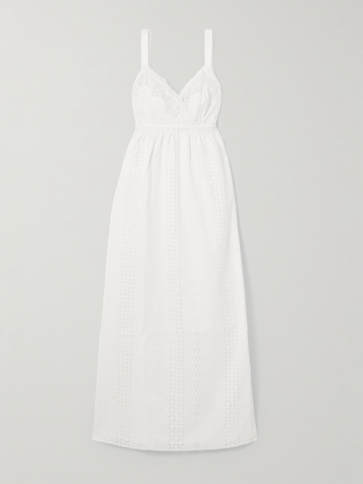 Loretta Caponi Edith Gathered Lace-trimmed Broderie Anglaise Cotton Maxi Dress In White