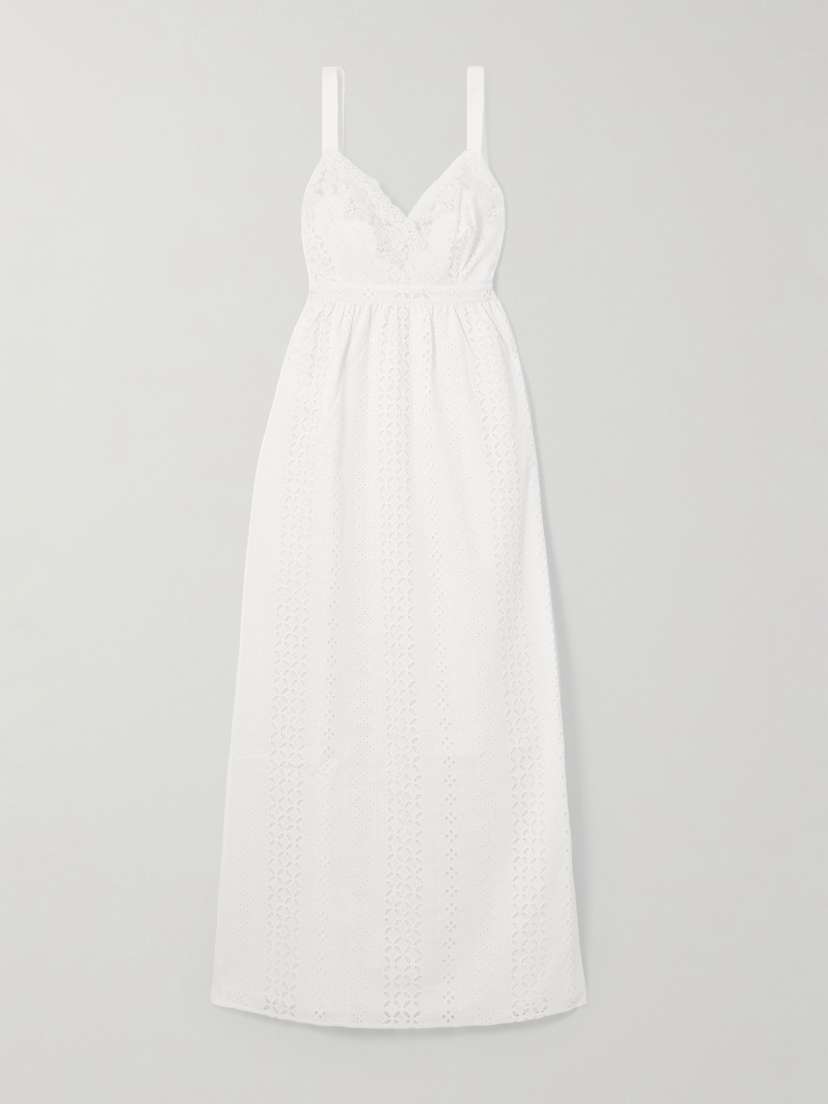 Loretta Caponi Edith Gathered Lace-trimmed Broderie Anglaise Cotton Maxi Dress