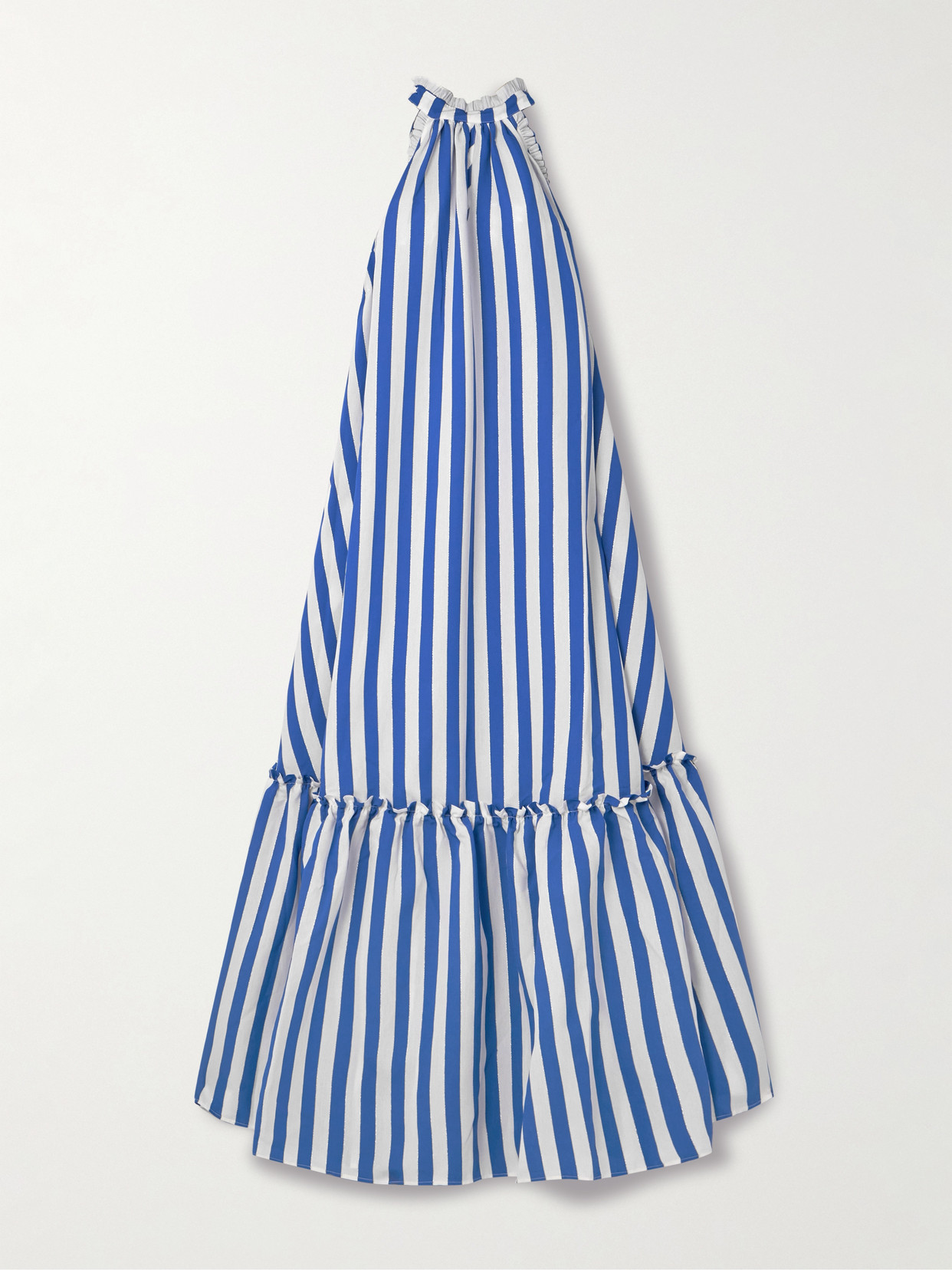 Loretta Caponi Melinda Ruched Tiered Striped Metallic Twill Maxi Dress In Blue