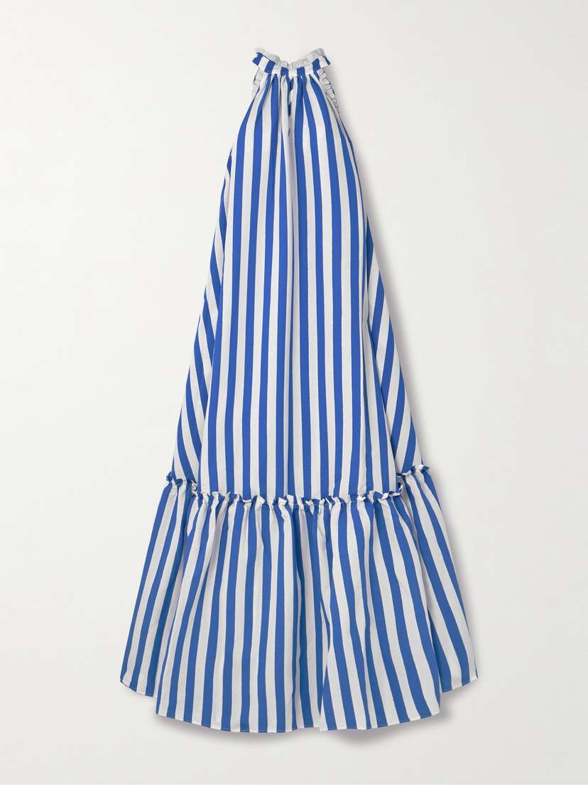 Loretta Caponi Melinda Ruched Tiered Striped Metallic Twill Maxi Dress