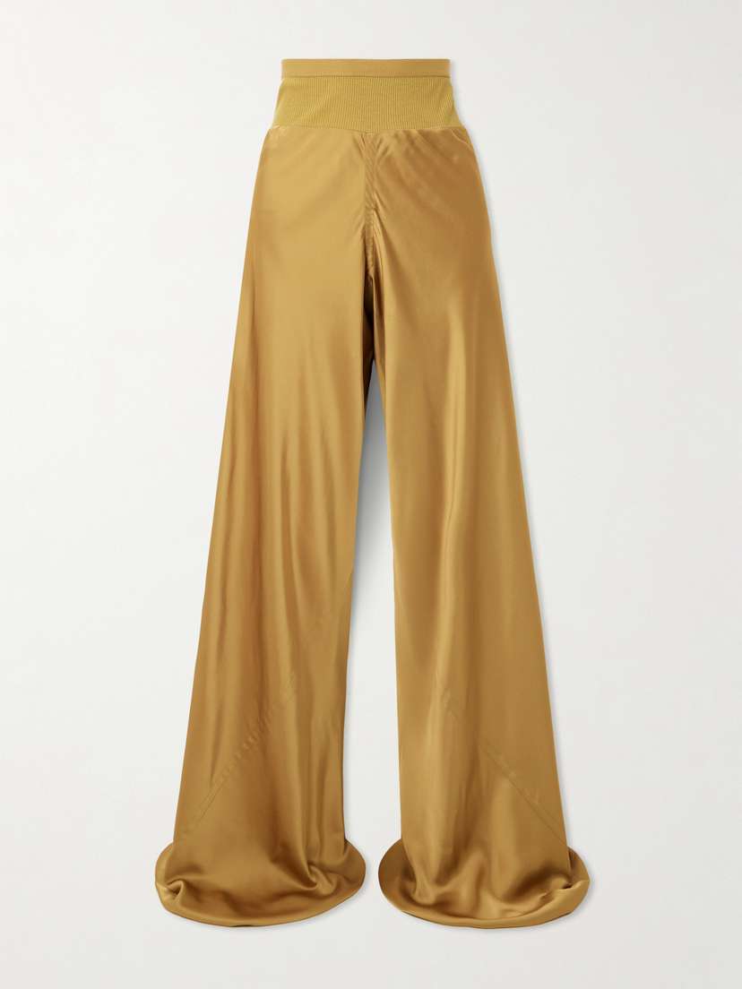 Rick Owens Bias Ribbed-knit Trimmed Satin Wide-leg Pants