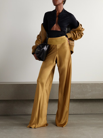 Rick Owens Bias ribbed-knit trimmed satin wide-leg pants