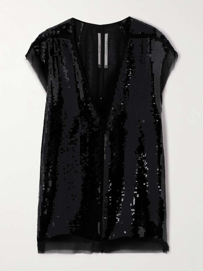 Rick Owens Dylan Frayed Sequined Silk-chiffon Top