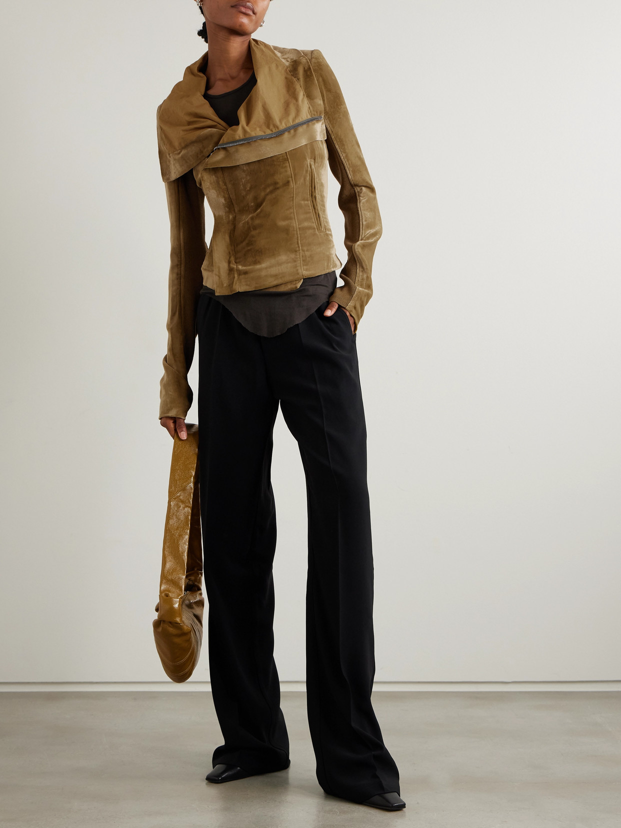 Rick Owens Wool-trimmed Velvet Biker Jacket In Neutrals