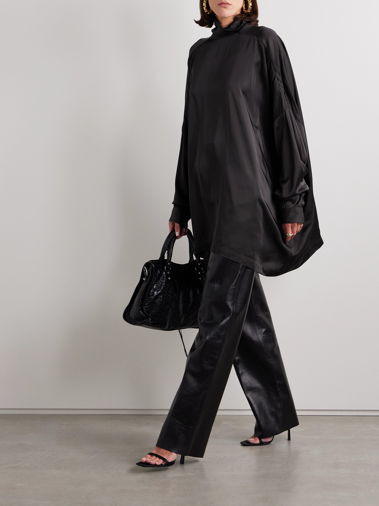Rick Owens Asymmetric Satin Turtleneck Top In Gray