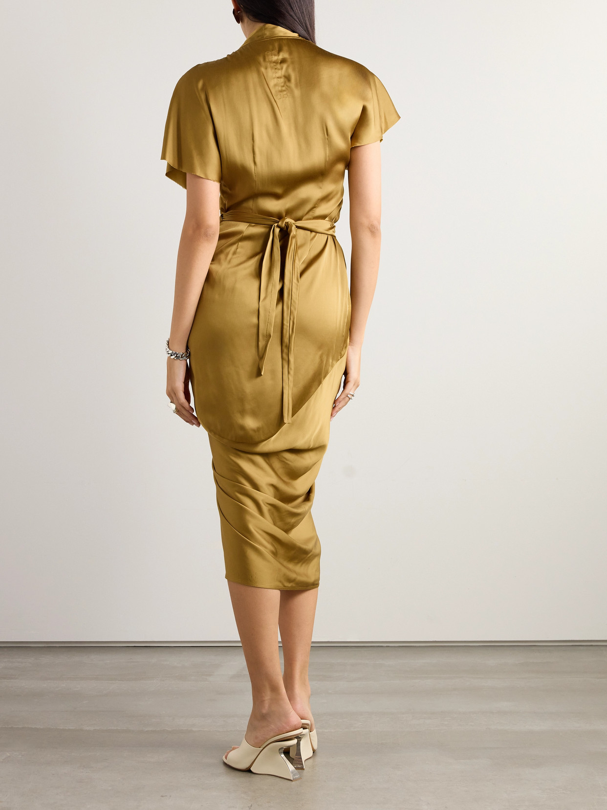 Rick Owens Draped Satin Midi Wrap Dress In Neutrals