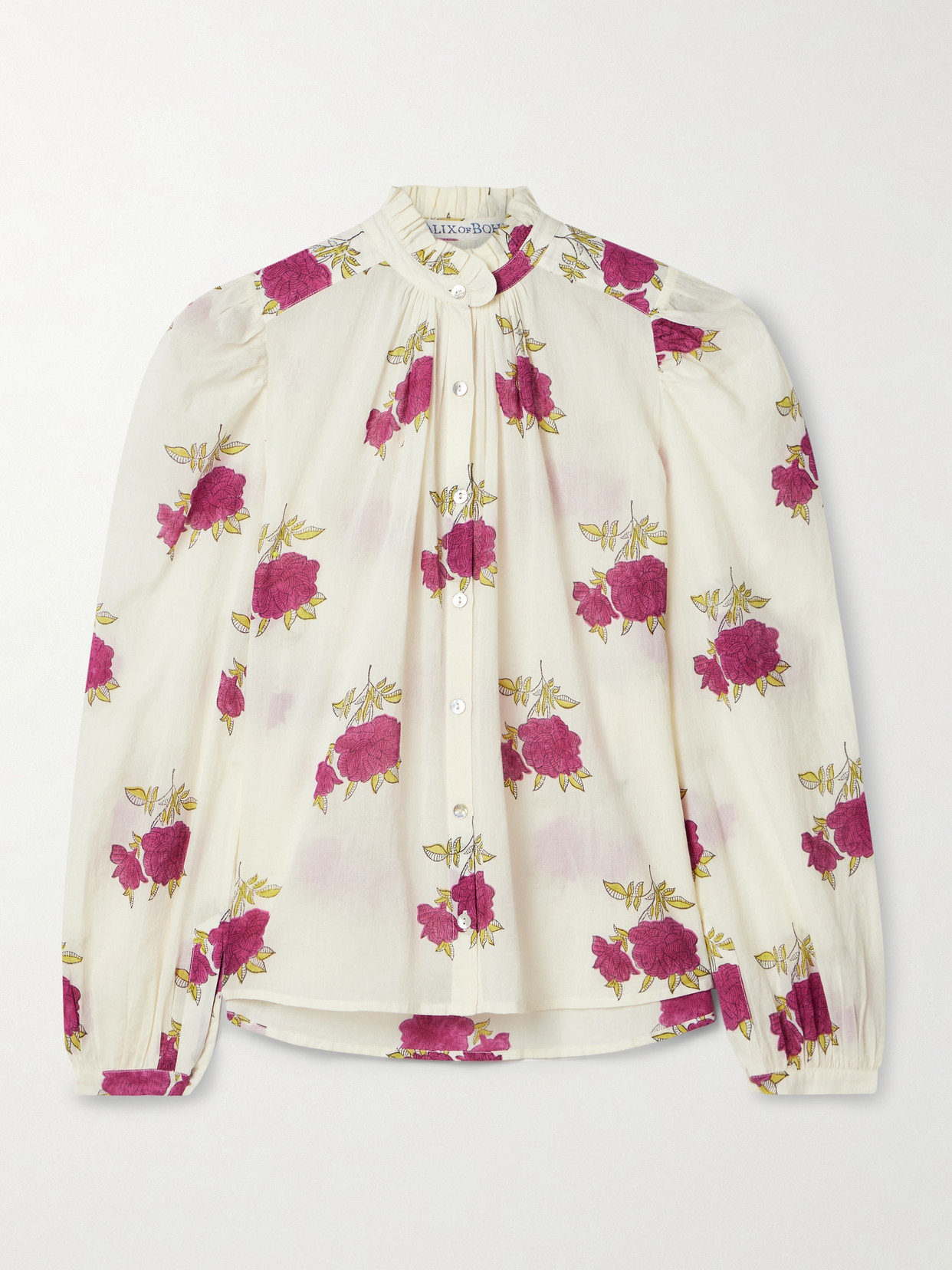 Alix Of Bohemia Annabel Gathered Floral-print Cotton-voile Blouse In Ivory