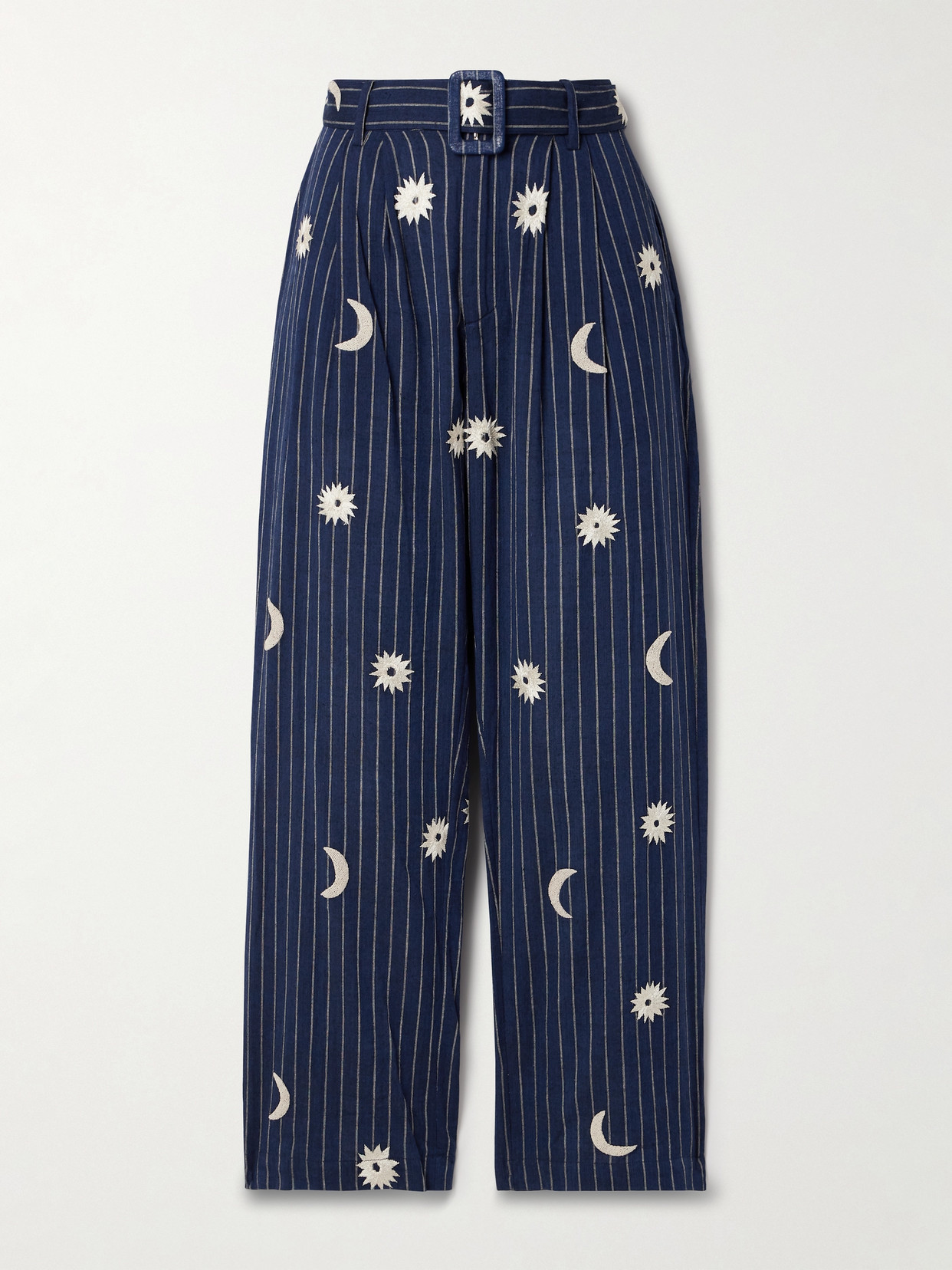 Alix Of Bohemia Colette Belted Embroidered Pinstriped Cotton-canvas Straight-leg Pants In Blue