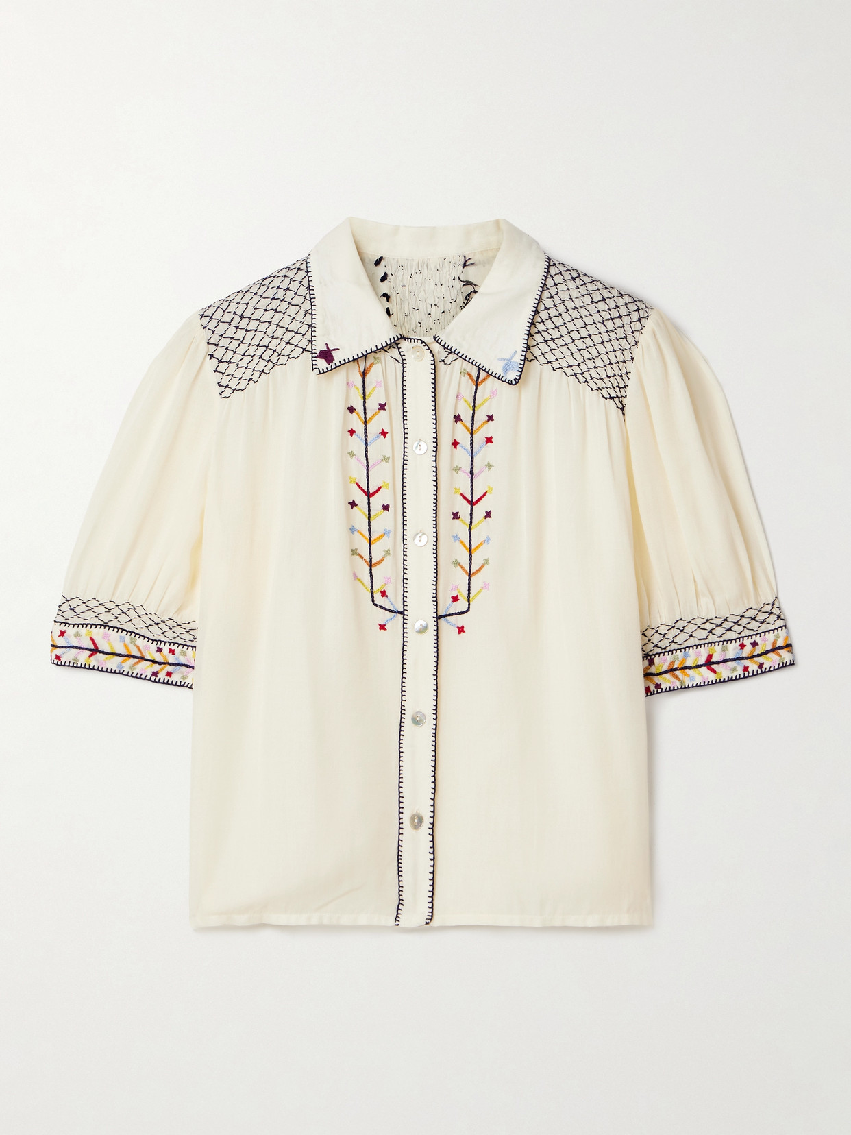 Alix Of Bohemia Peyton Smocked Embroidered Tencel™ Modal-voile Shirt In Ivory