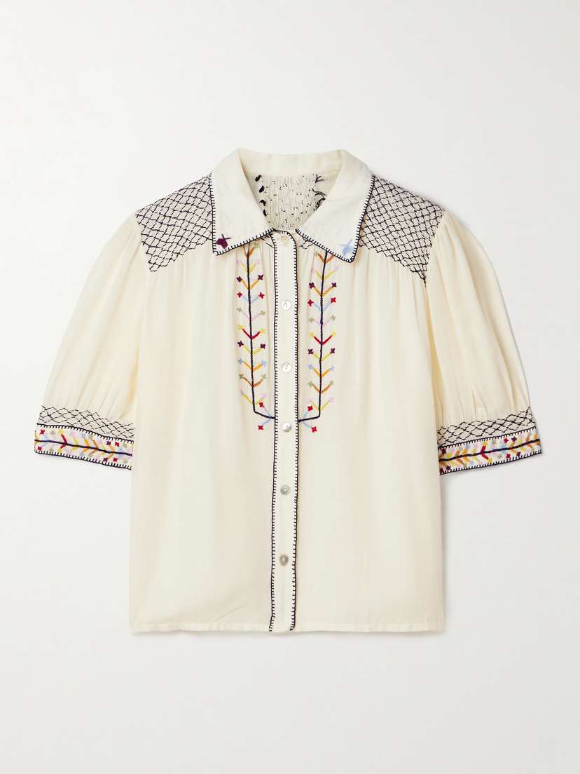ALIX OF BOHEMIA Peyton Smocked Embroidered Tencel™ Modal-voile Shirt