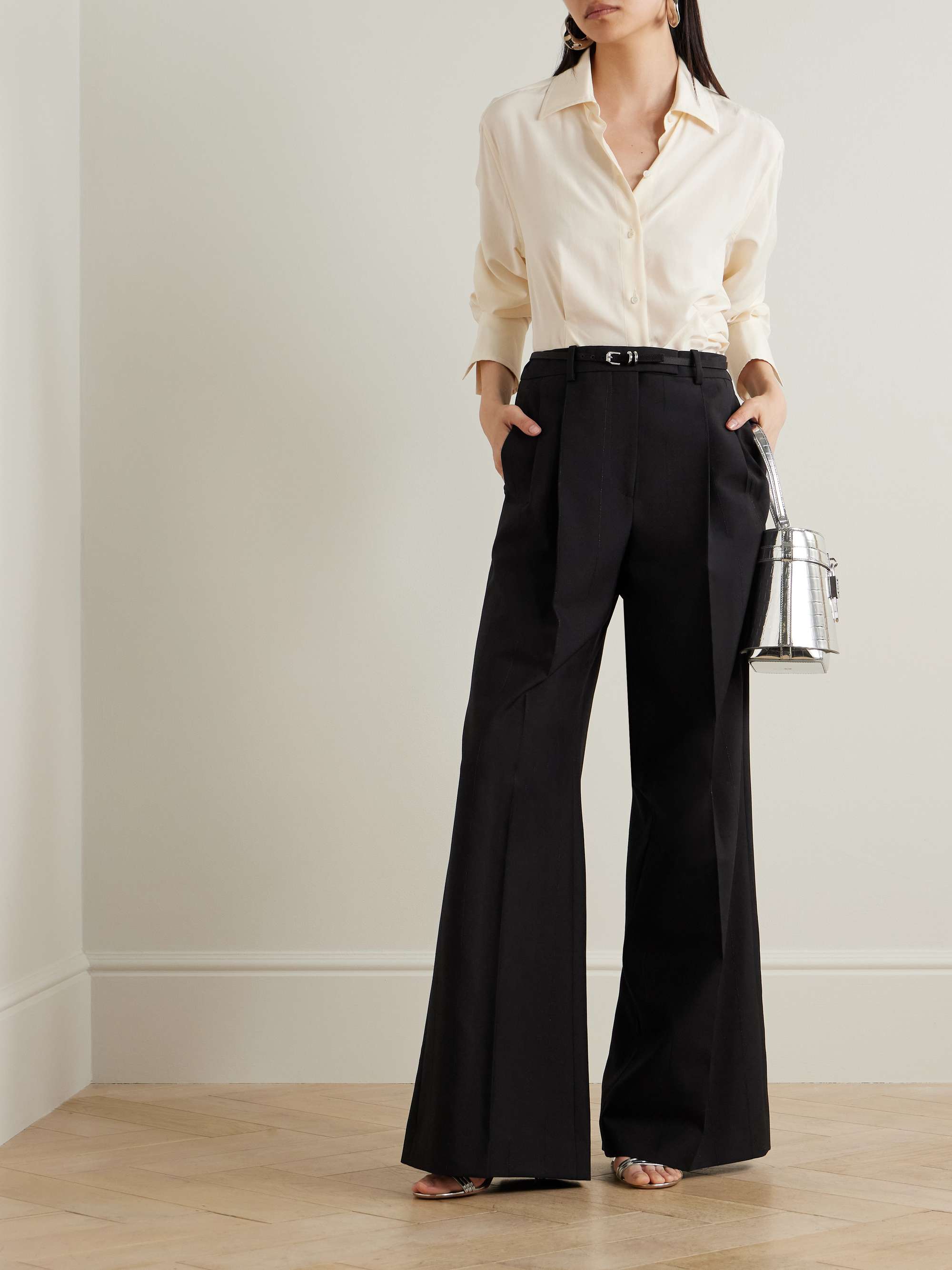 Greca Pleated Pareo Trousers Black | VERSACE US