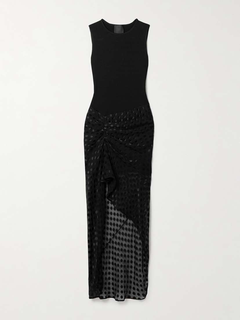 Givenchy Asymmetric Ribbed-knit And Ruched Fil Coupé Silk-blend Chiffon Dress