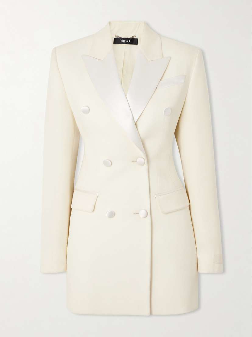 Versace Double-breasted Satin-trimmed Grain De Poudre Wool Mini Dress