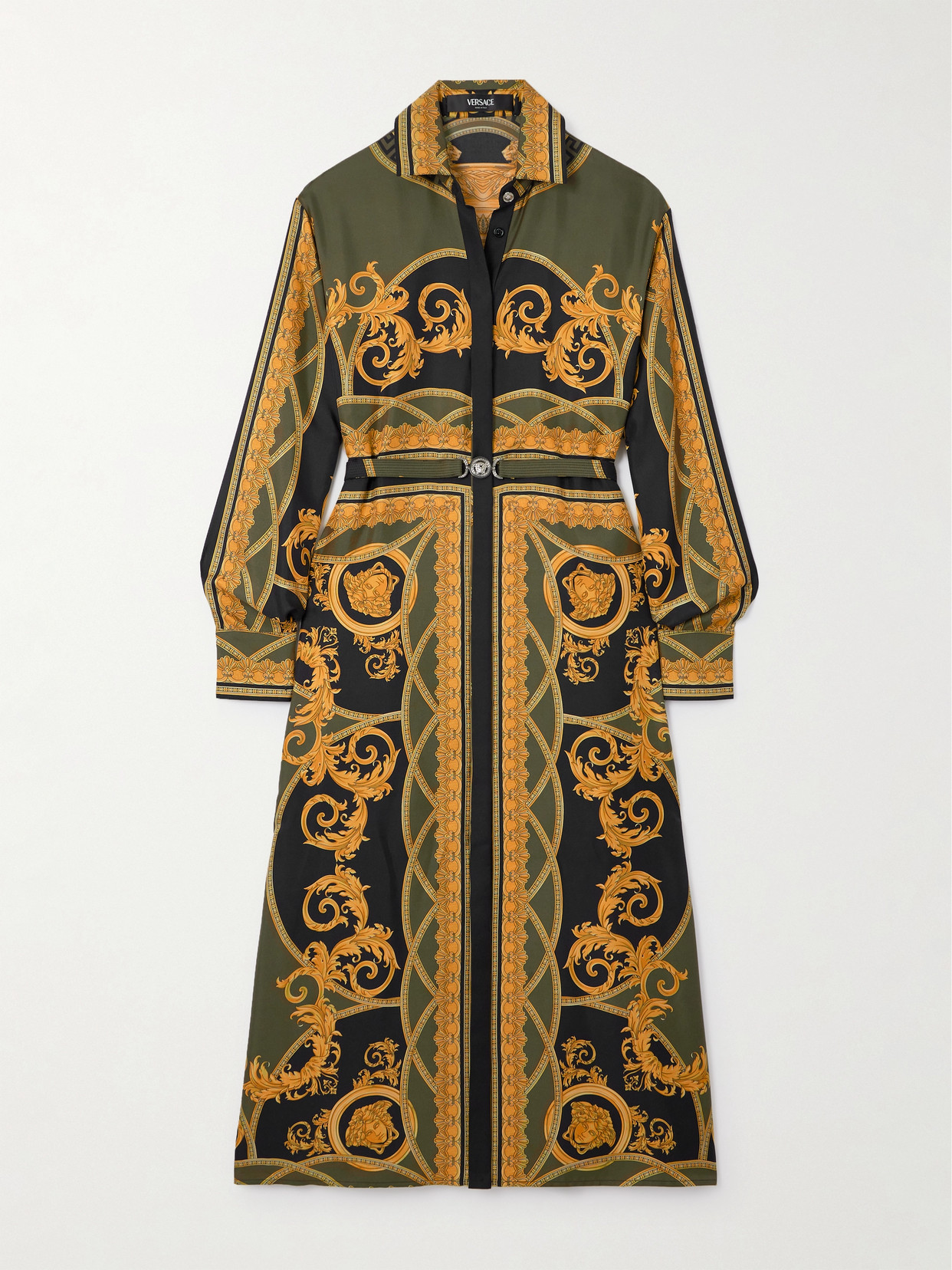 Versace Belted Printed Silk-twill Midi Shirt Dress In Gold