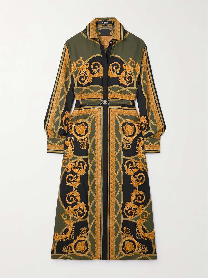 Versace Belted Printed Silk-twill Midi Shirt Dress