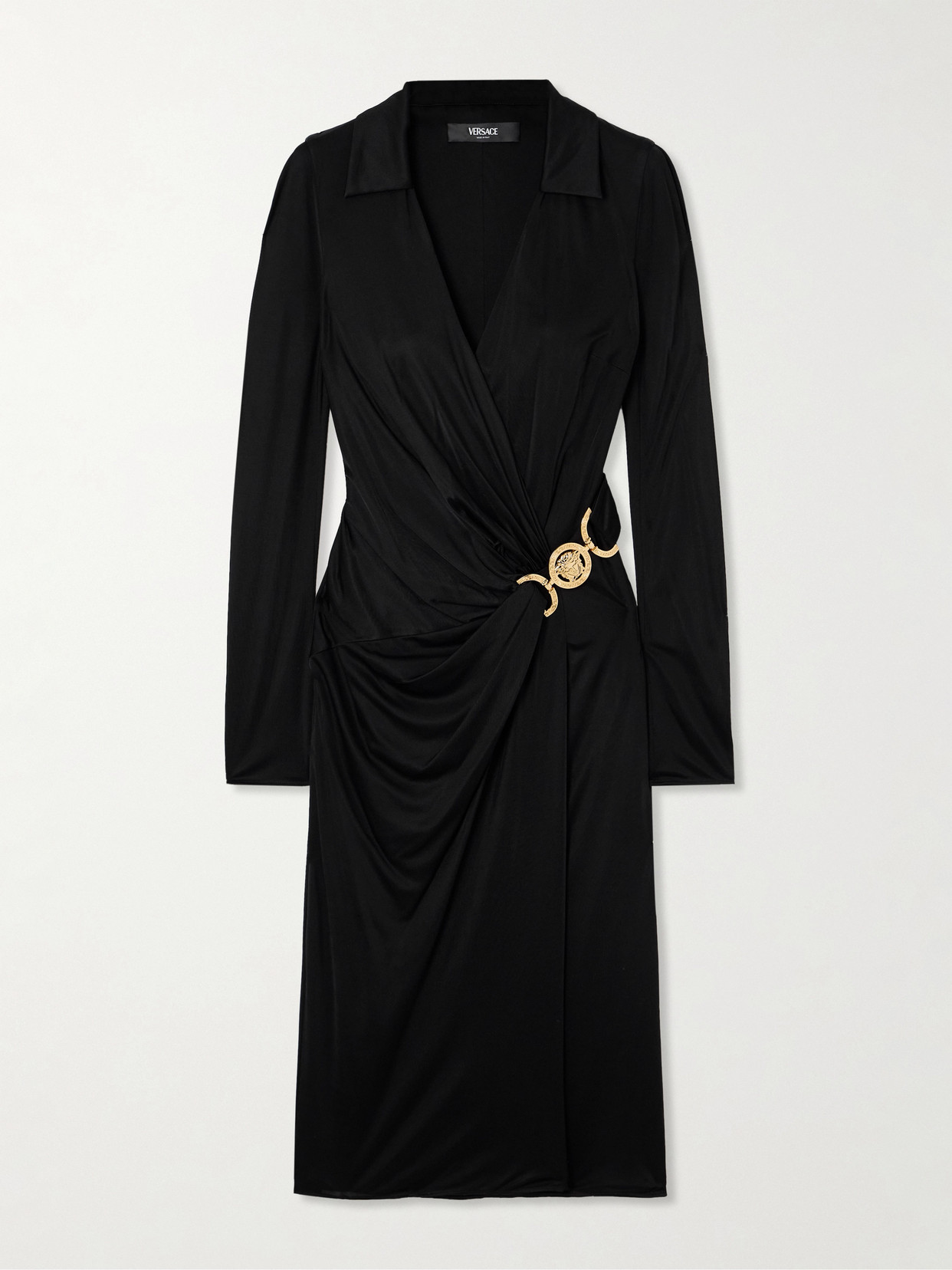 Versace - Embellished Wrap-effect Satin-jersey Midi Dress - Black