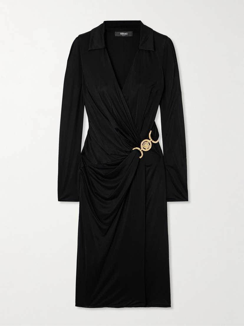 Versace Embellished Wrap-effect Satin-jersey Midi Dress