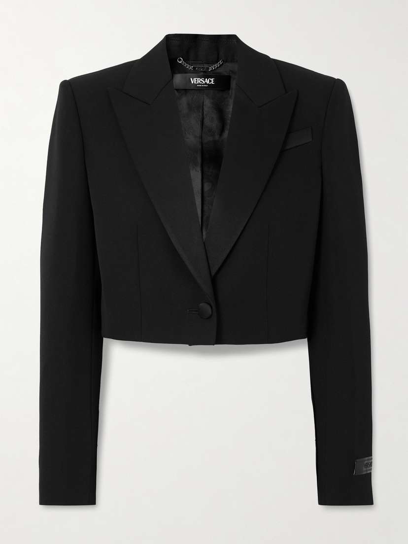 Versace Cropped Satin-trimmed Grain De Poudre Wool Blazer