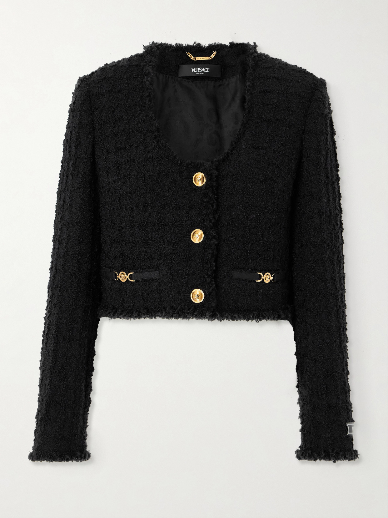 Versace Cropped Wool-blend Tweed Jacket In Black