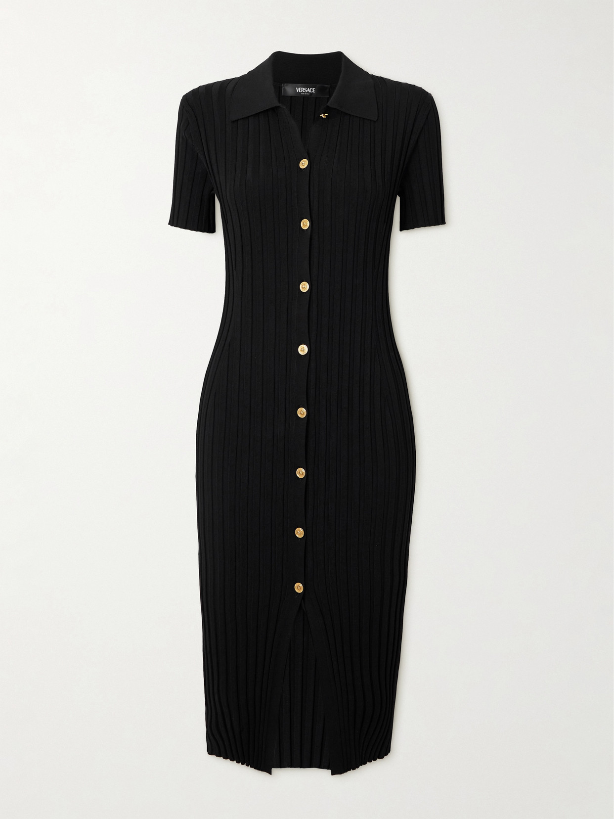 Versace Ribbed-knit Midi Shirt Dress In Black