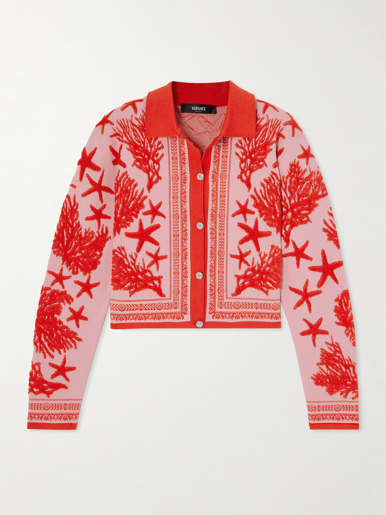 Versace Barocco Sea Knit Polo Cardigan In Light Pink