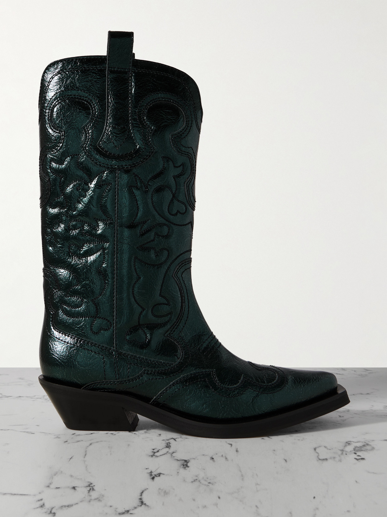 GANNI - Embroidered Metallic Recycled Faux Leather Cowboy Boots - Green