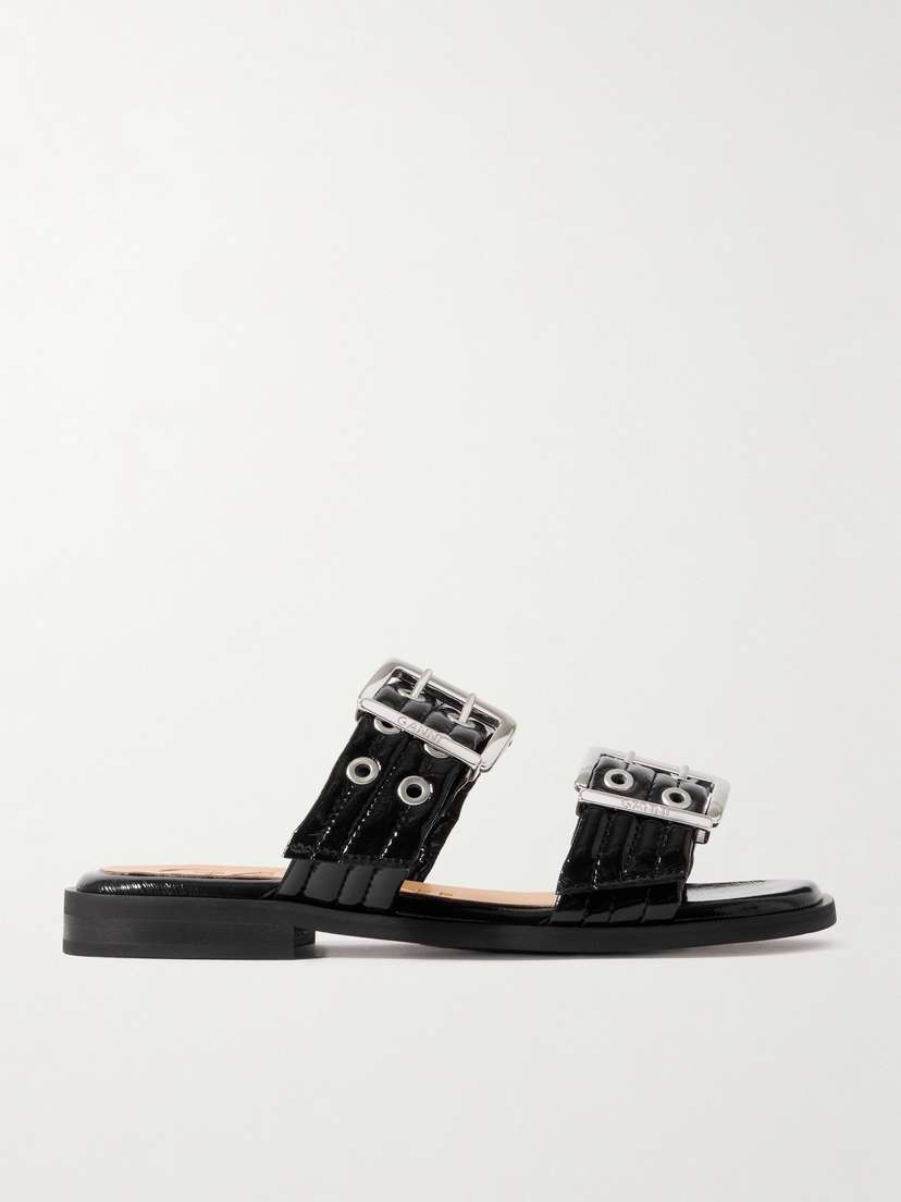Ganni Buckled Eyelet-embellished Recycled Faux Patent-leather Sandals