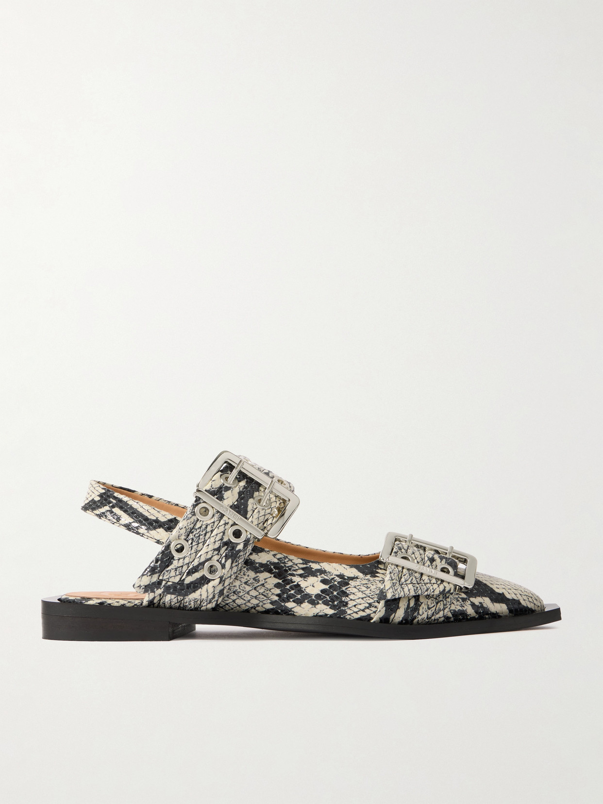 Ganni Buckled Eyelet-embellished Snake-effect Recycled Faux Patent-leather Ballet Flats In Animal Print