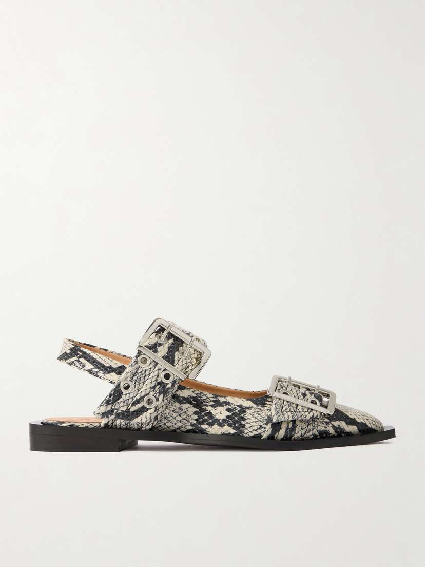 Ganni Buckled Eyelet-embellished Snake-effect Recycled Faux Patent-leather Ballet Flats