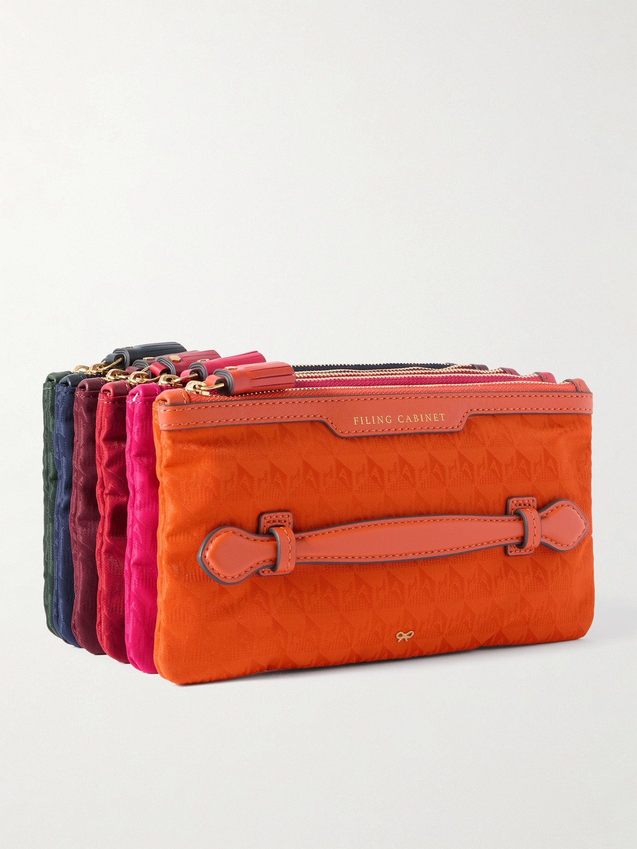 ANYA HINDMARCH FILING CABINET LEATHER-TRIMMED JACQUARD POUCHES