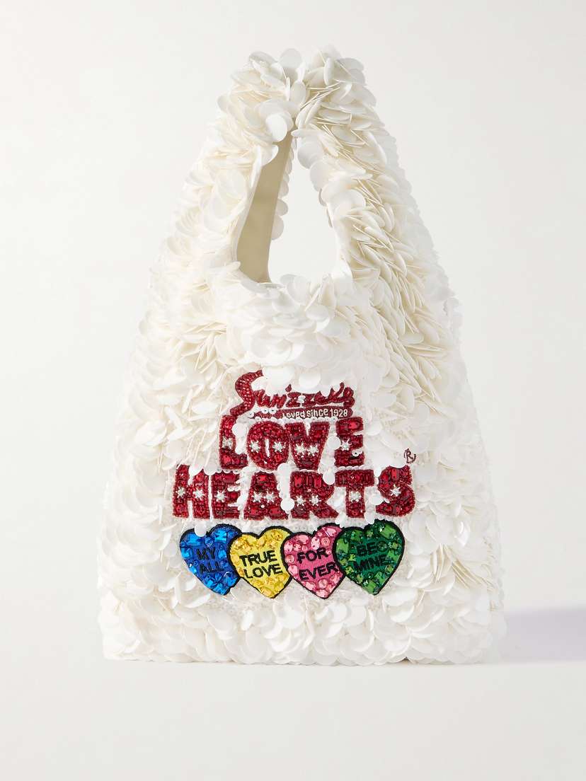 Anya Hindmarch Love Hearts Embellished Embroidered Recycled-satin Tote