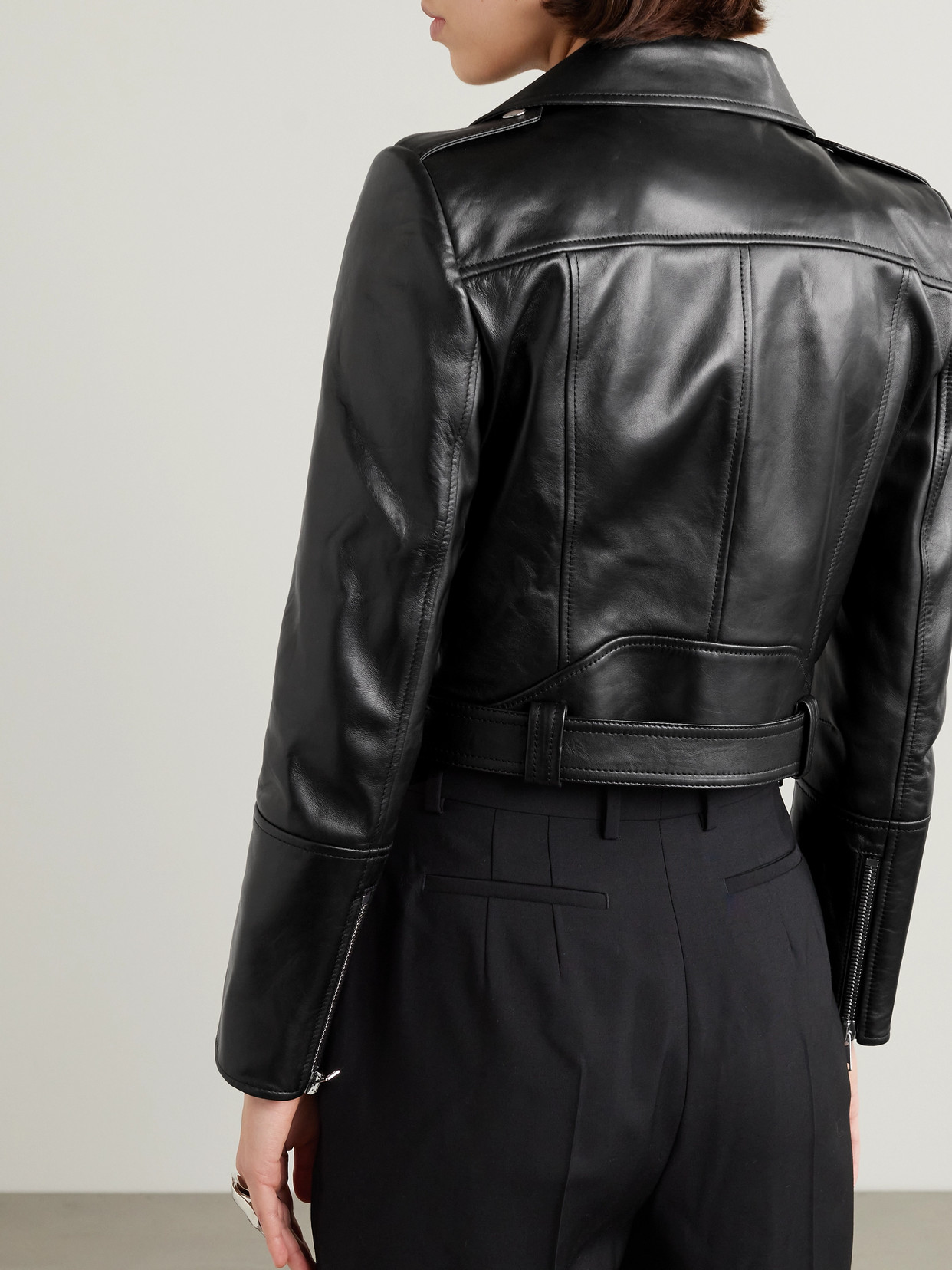 Alexander Mcqueen Cropped Biker Leather Jacket In Black