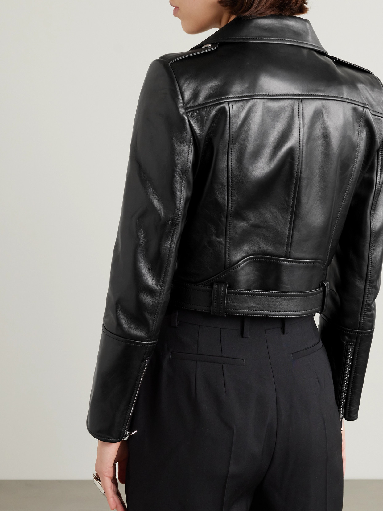 Shop Alexander Mcqueen Cropped Belted Leather Biker Jacket In Black