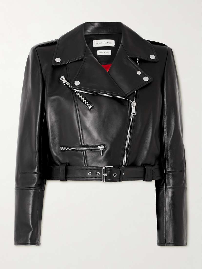 McQueen Cropped Belted Leather Biker Jacket