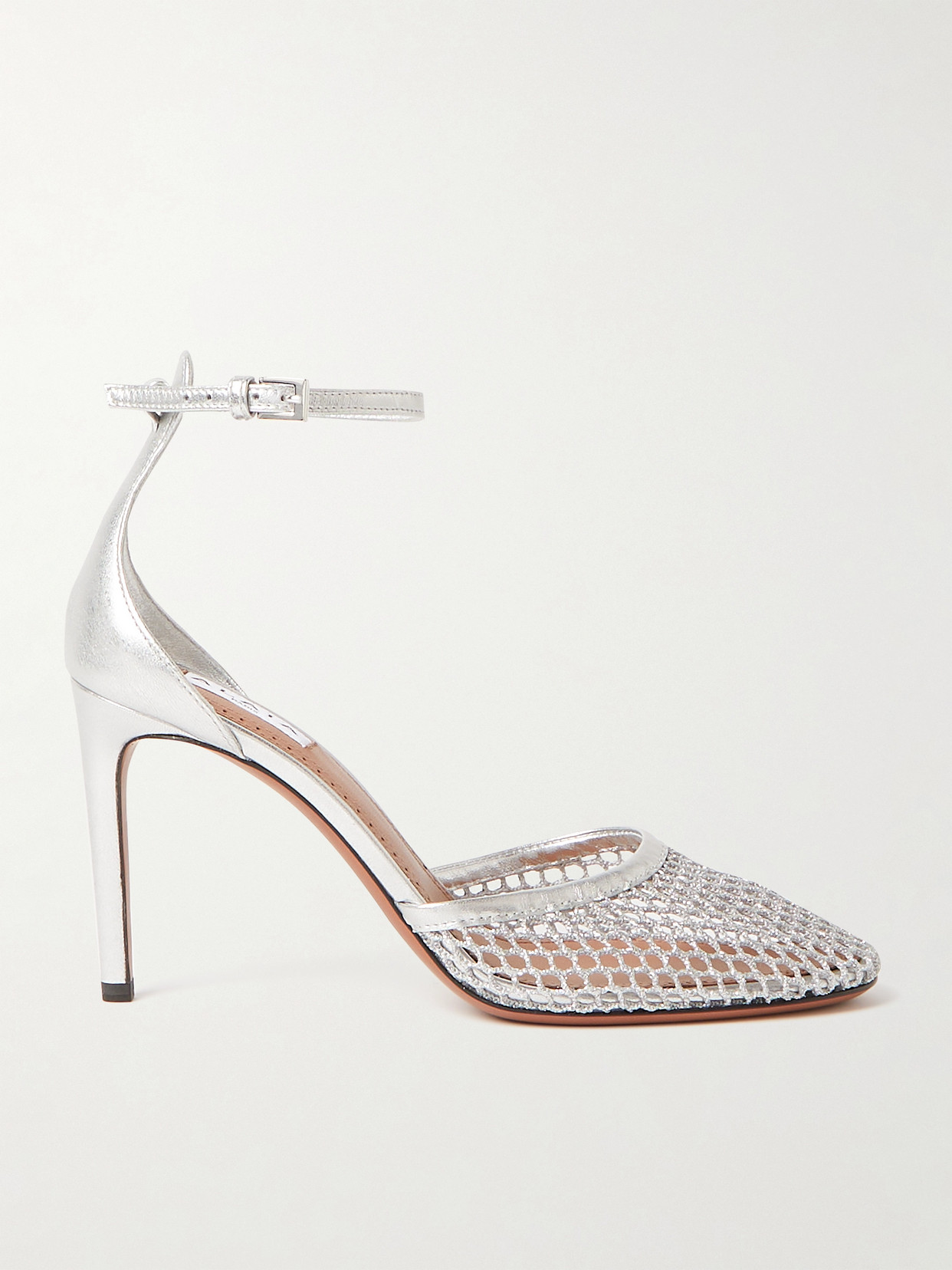 Alaïa 90 Fishnet And Metallic Leather Pumps In Silver