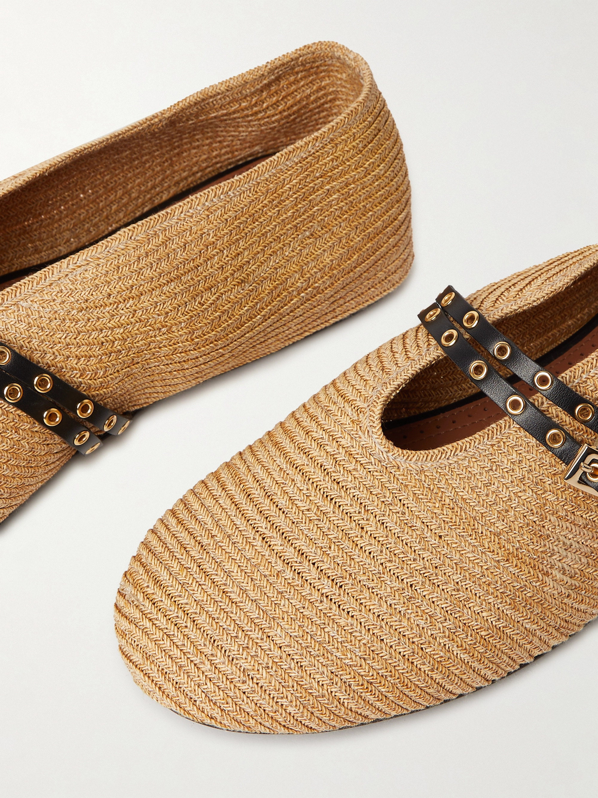 Alaïa Leather-trimmed raffia ballet flats