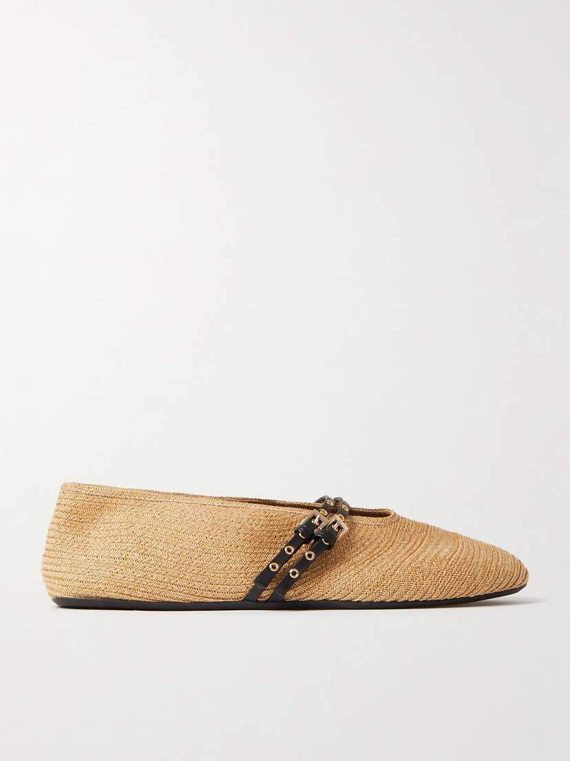 Alaïa Leather-trimmed Raffia Ballet Flats