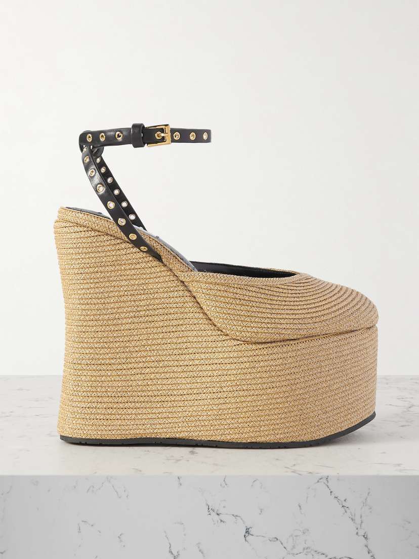 Alaïa La Wedge 140 Leather-trimmed Raffia Platform Pumps